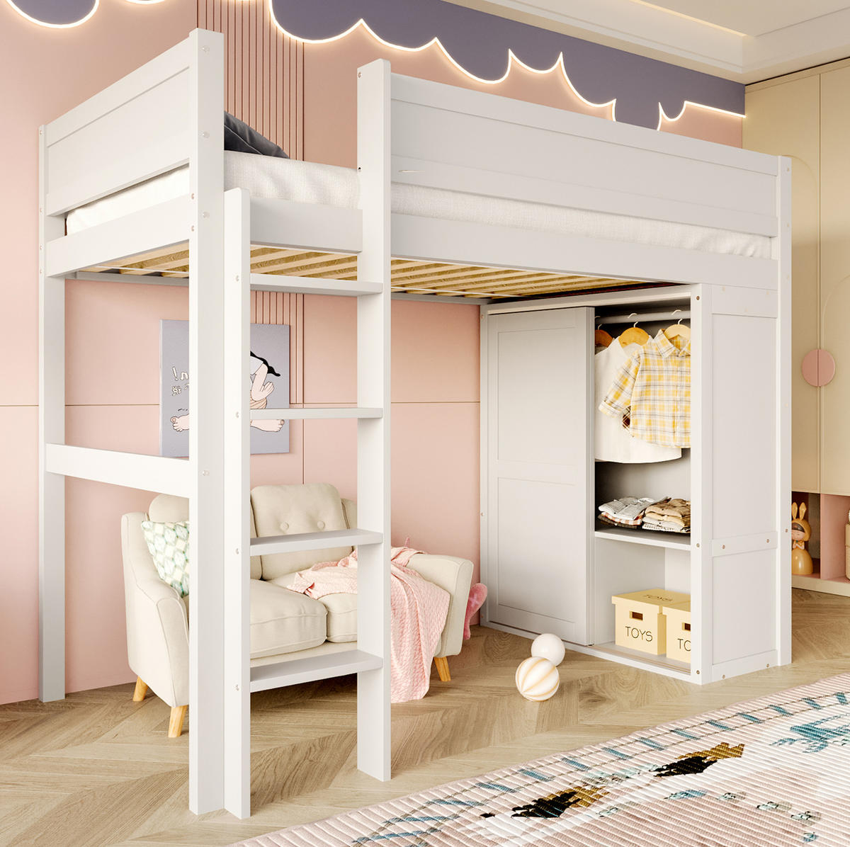 HOCHBETT 90/200 cm Weiß mit Kleiderschrank und Staufach ohne Matratze - Weiß, Holz (90/200cm) - MIVRAY