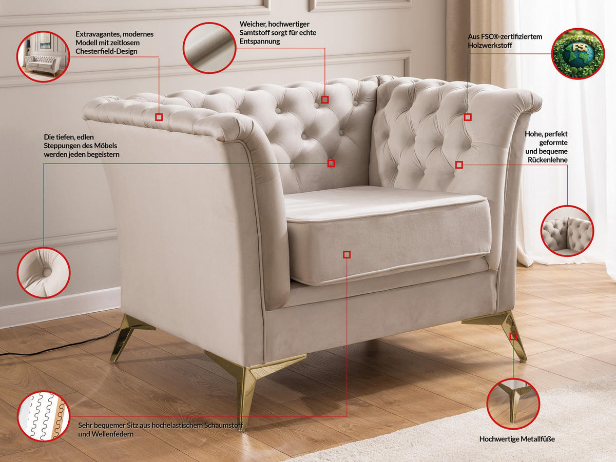 SITZGARNITUR 3+1 Chesterfield Whitby Beige Samt mit goldenen Füßen - Beige/Goldfarben, Holz/Textil (237/78/82cm) - S-Style Möbel