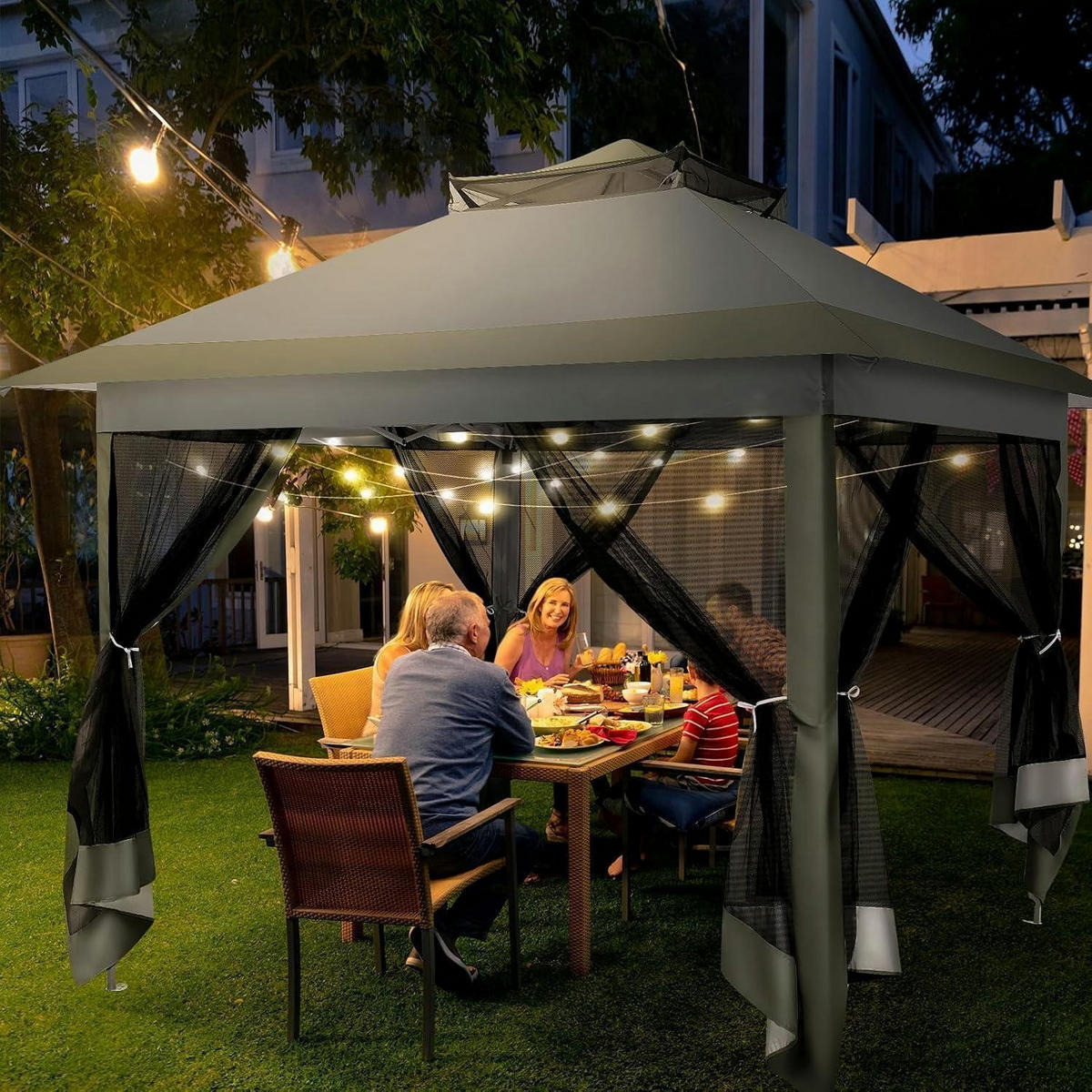 PAVILLON 3 x 3 m Dunkelgrau Wasserdicht mit Moskitonetz - Grau, Textil (365/270/365cm)