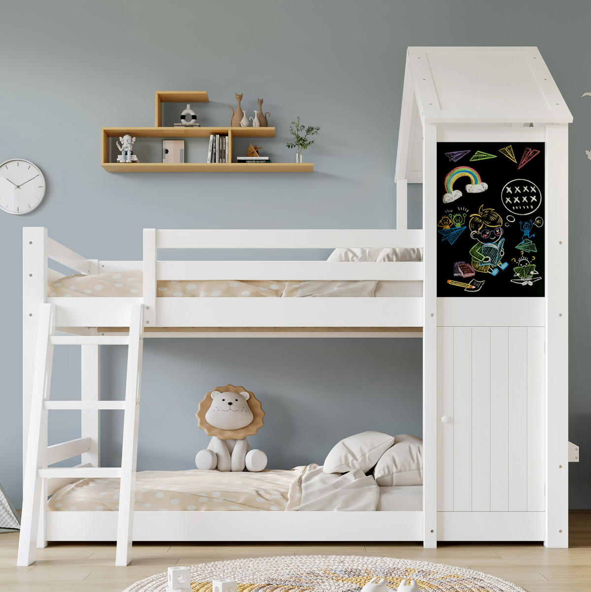 ETAGENBETT aus Kiefer und MDF 90x200 cm Weiß mit Tafel, kleiner Tür, Dach und schräger Leiter - Weiß, Holzwerkstoff (90/200cm) - Modfu
