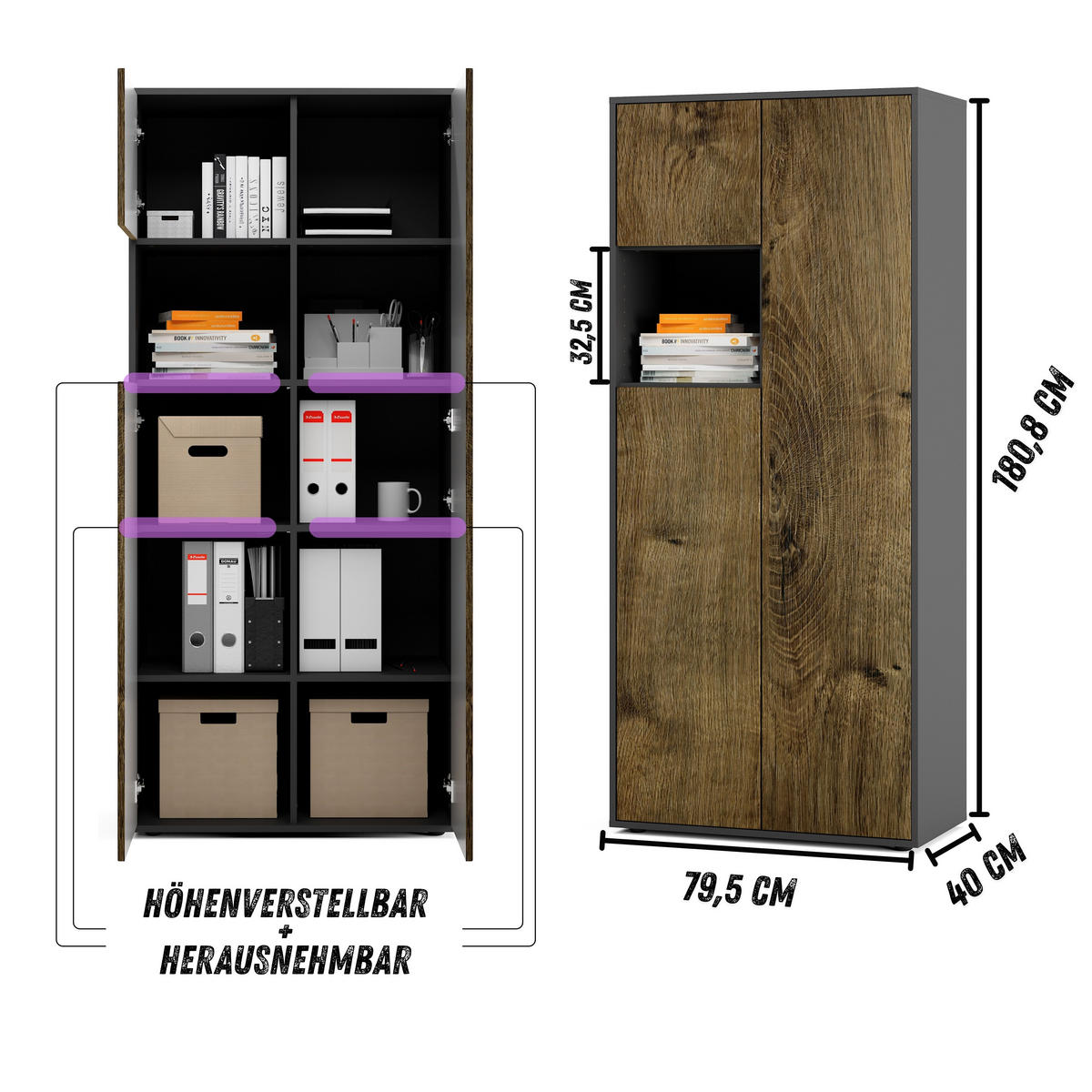 AKTENSCHRANK Amira T10 Eiche Ribbeck 180/80/40 cm - Alteiche, Holzwerkstoff (80/180/40cm) - SIMPLYFURN