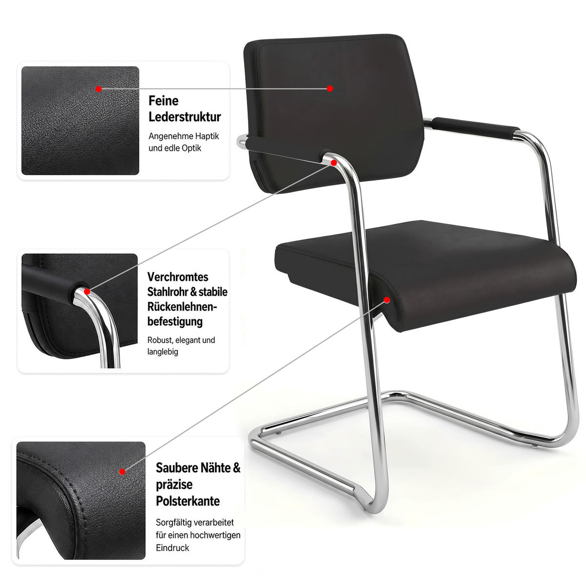 BESUCHERSTUHL V1207 Echtleder Schwarz - ergonomisch, 150 kg belastbar - Schwarz, Leder/Kunststoff (55/86/55cm) - Versee