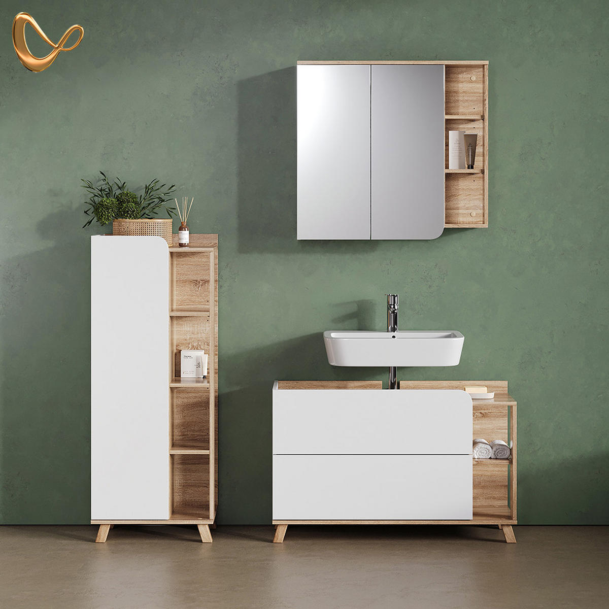 KOMPLET KOPALNIŠKEGA POHIŠTVA Marano, Sonoma/Bela, 3-delni - bela/hrast sonoma, leseni material (100/65/35cm) - Livinity®