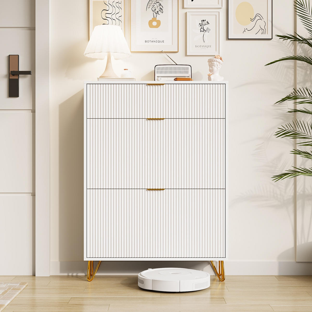 SCHUHSCHRANK 80x118,5 cm Modernes Wellendesign 2 Klappen & Ablagefach Weiß/Gold - Weiß, Holz (80/118.5/24cm) - DELFA