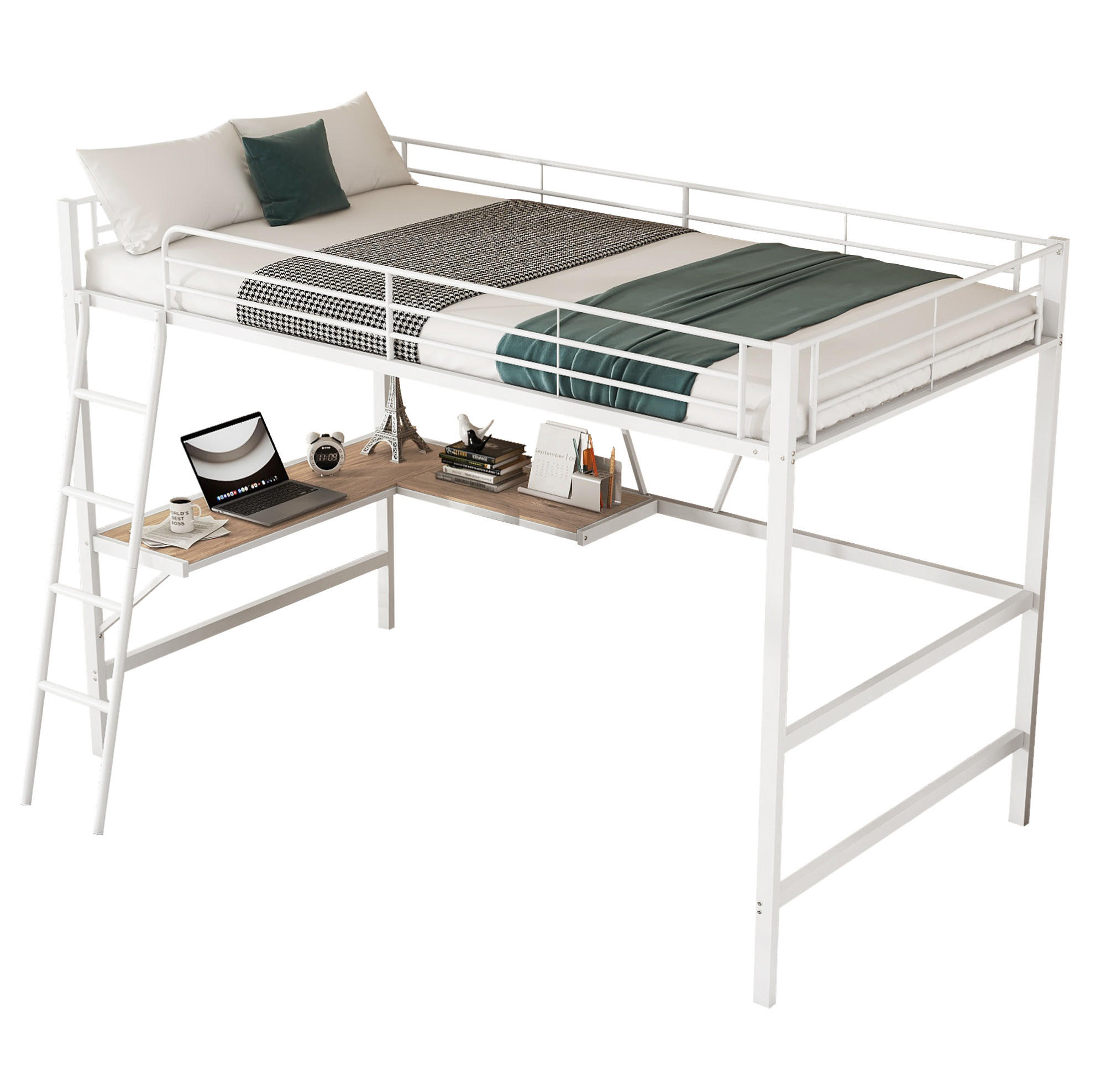 HOCHBETT 90/200 cm Weiß aus Metall mit Schreibtisch und Regal - Weiß, Metall (90/200cm) - OKMYHOME
