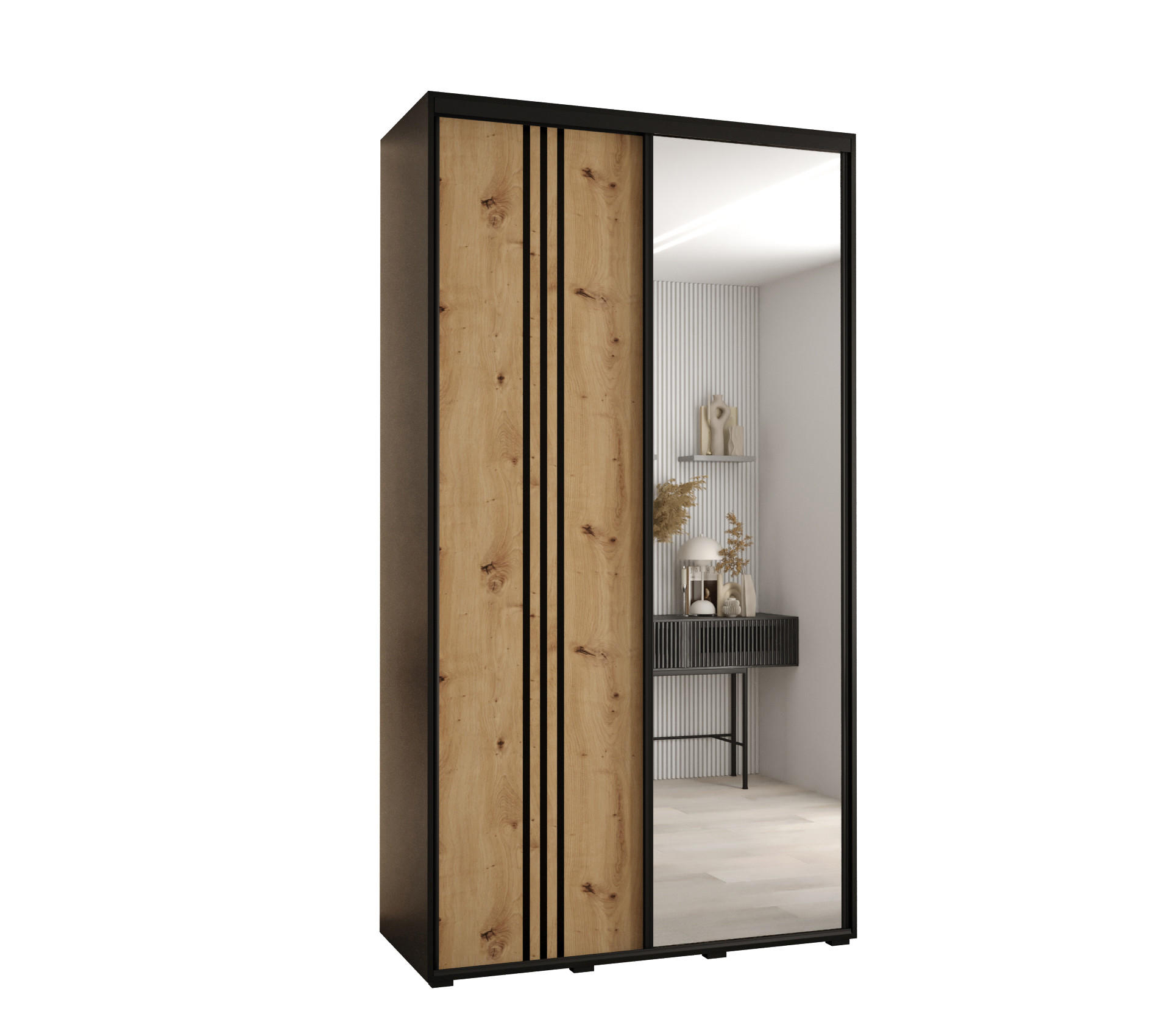 Abiks Möbel Schwebetürenschrank Schwarz, Eiche Artisan, Schwarz 130x235x45 cm