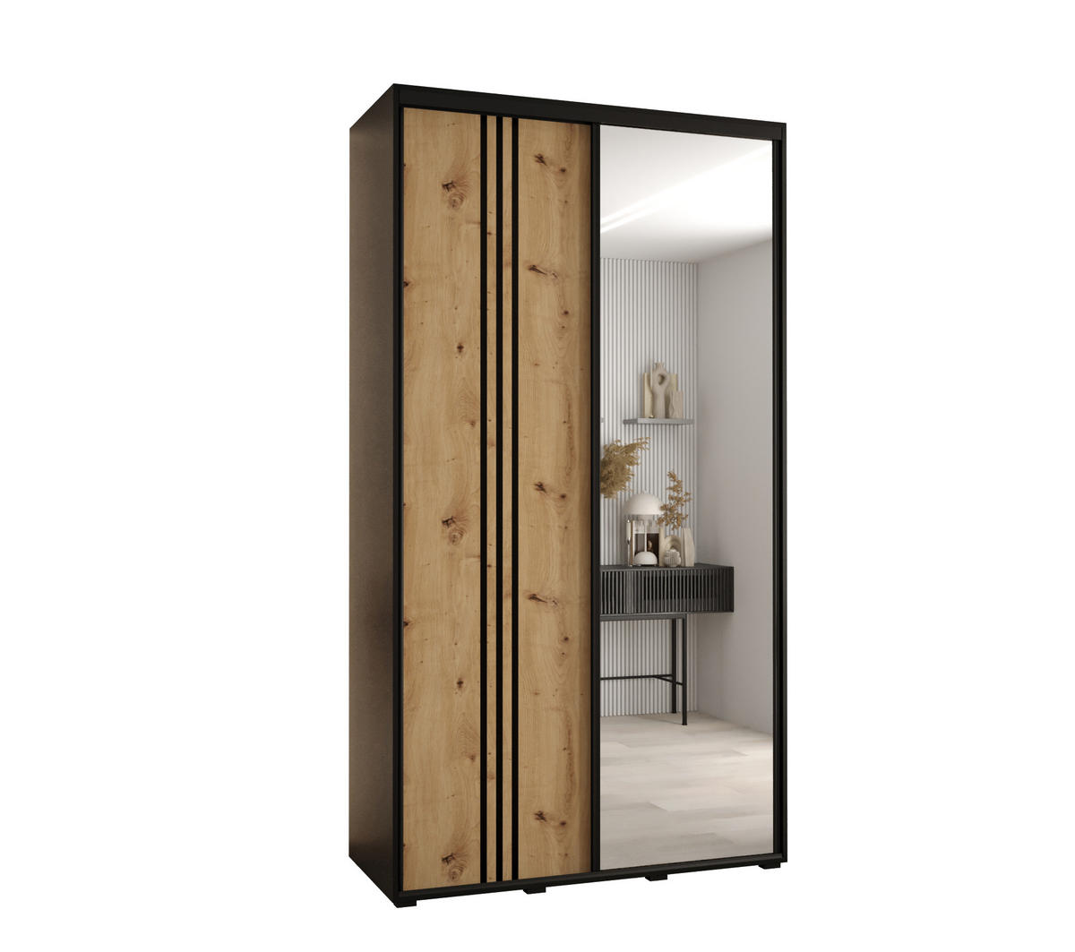 SCHWEBETÜRENSCHRANK 235,2/140/45 2-türig - Schwarz/Eiche Artisan, Holz/Metall (140/235/45cm) - Abiks Möbel