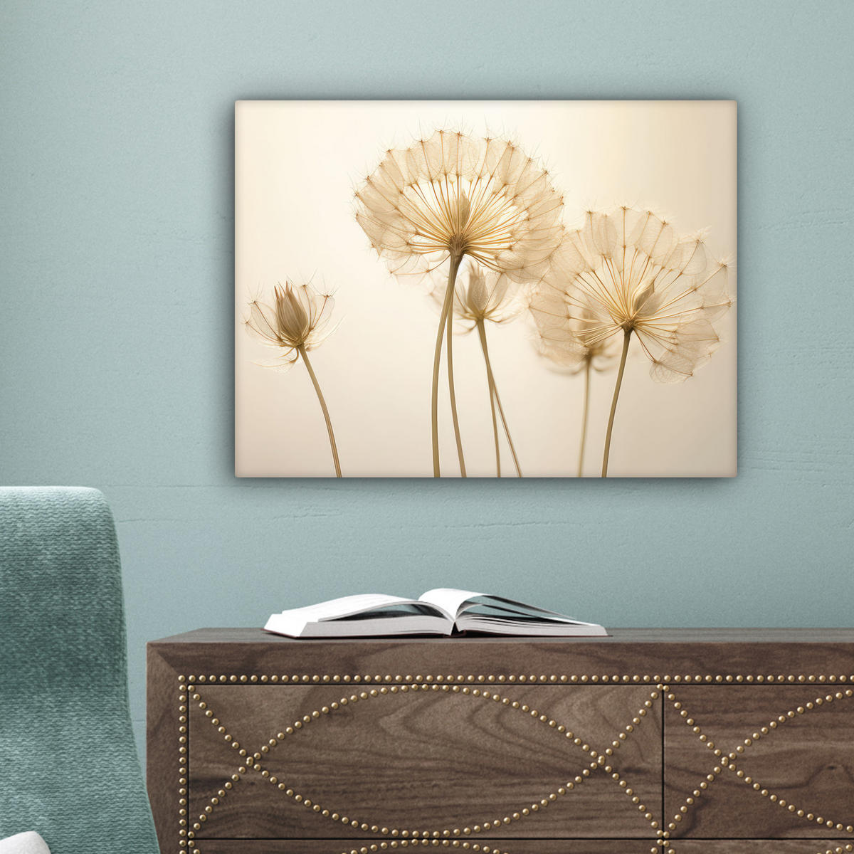 LEINWANDBILD Sonnenlicht - Löwenzahn - Botanisch - Blumen Wandbild 40x30 cm - Creme, Textil (40/30cm) - MuchoWow