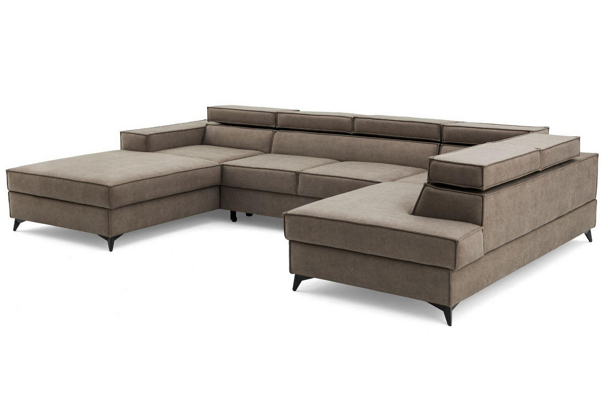 ECKSOFA PURE U Rechts mit Schlaffunktion 127x270 Velours Beige - Beige/Schwarz, Holz/Textil (204/340cm) - Muffo