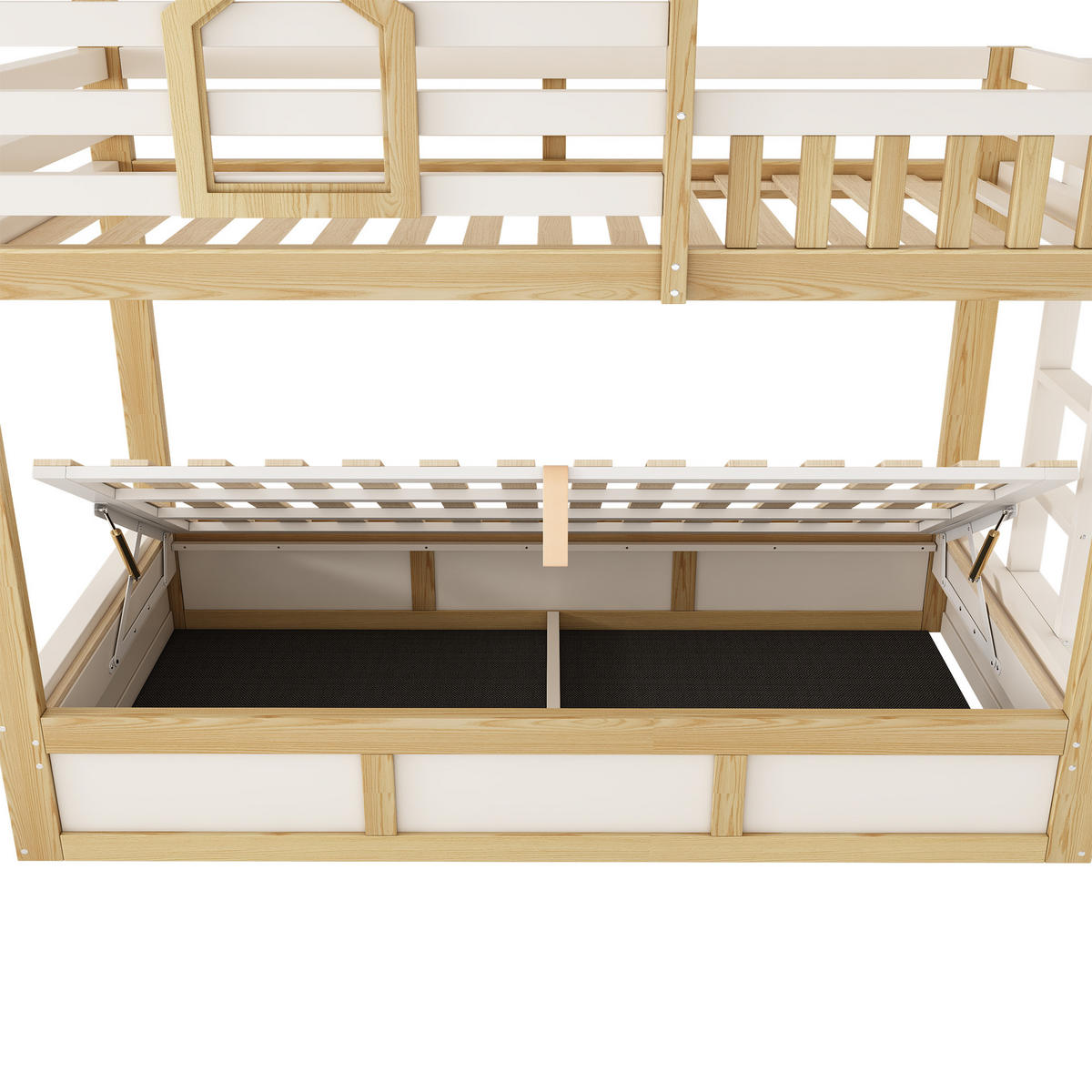 ETAGENBETT 90/200 cm & 90/200 cm in Weiß & Eichefarben mit Stauraum und Sicherheitsgeländer im Hüttenstil - Weiß/Naturfarben, Holzwerkstoff (90/200cm) - STILVORA