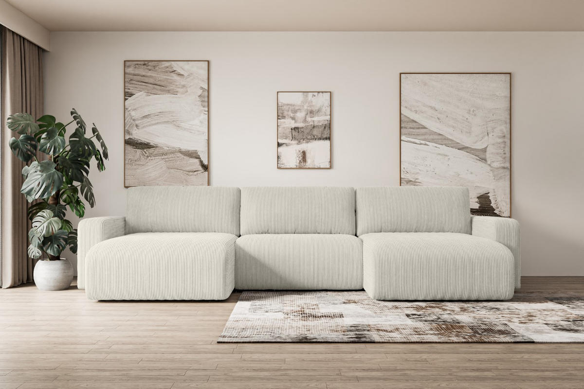 WOHNLANDSCHAFT mit Schlaffunktion und Bettkasten KLEEA-U - 347x143x83 cm Creme Cord - Hellgrau/Creme, Holzwerkstoff/Kunststoff (347/83/143cm) - ALTDECOR