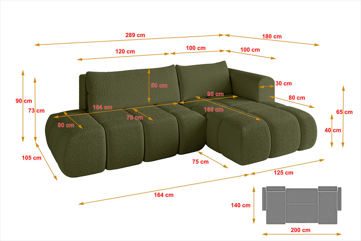 ECKSOFA Ottomane Rechts CLOUD-L 289x180x40 Grün Bouclé - Grün, Holzwerkstoff/Kunststoff (289/180cm) - ALTDECOR