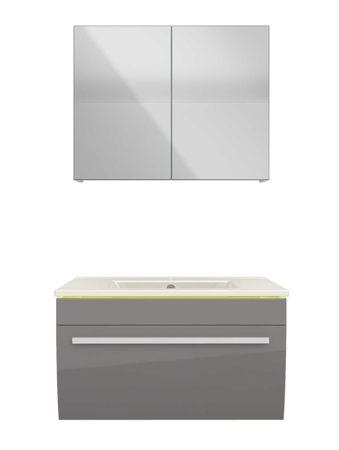 BADMÖBEL Set Gently 3 V1 Weiß/Grau MDF Waschtisch 70cm JA mit 1x 5W LED-Strahler - Grau, Glas/Kunststoff (46/52/60cm) - AcquaVapore by Sandra Jentho
