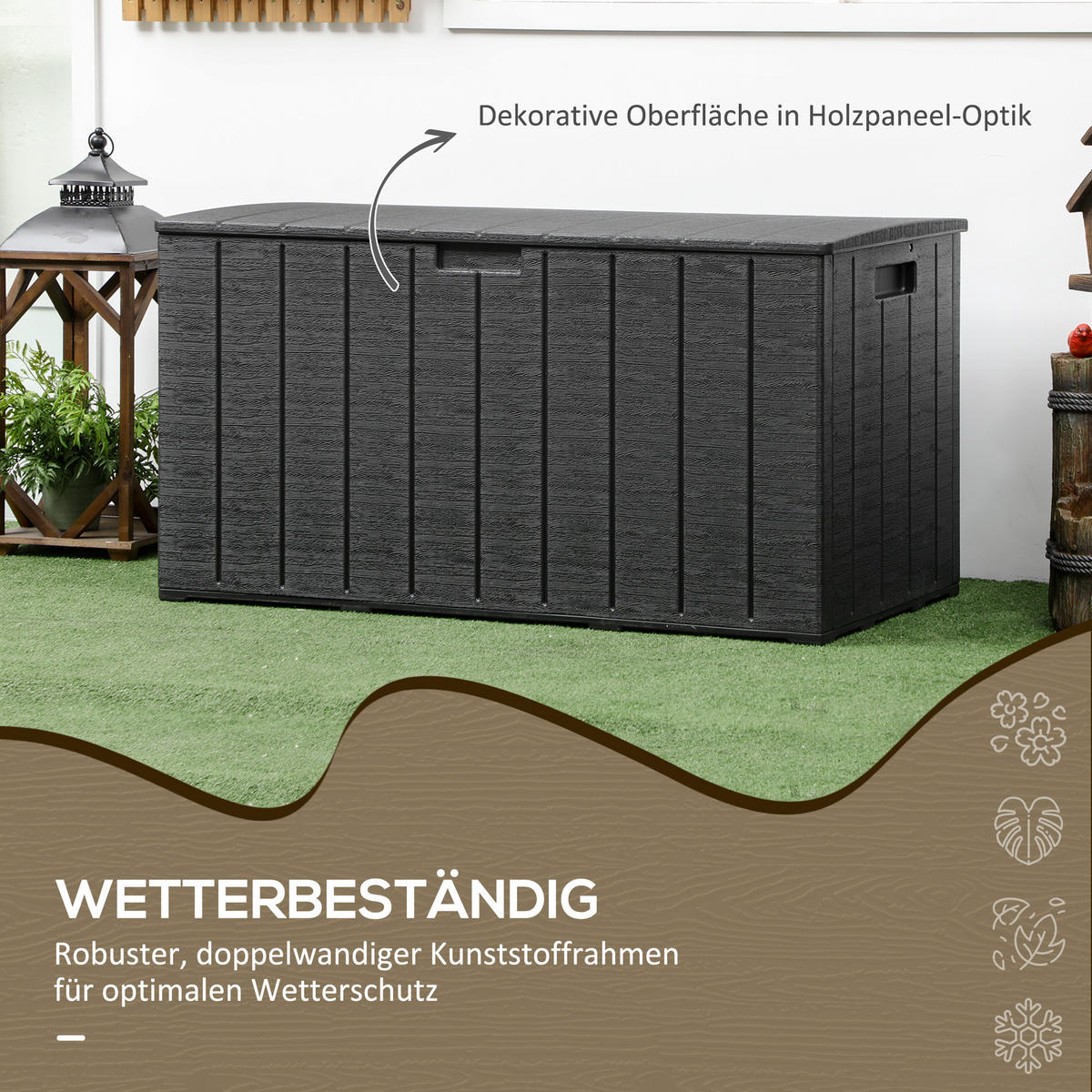 GARTENBOX 366 Liter aus Kunststoff doppelwandiger Wasserdicht Kissenbox - Schwarz, Kunststoff (62/64.5/122.4cm) - Outsunny