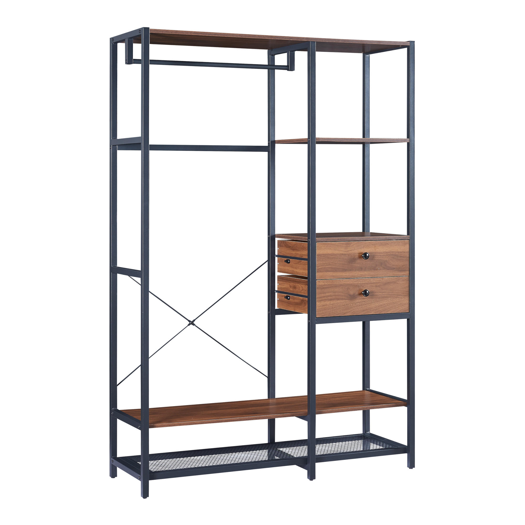 Thumbnail - [en.casa] Garderoben-Set, Walnuss, Schwarz, Holzwerkstoff, 2 Schubladen, einzeln stellbar, 204x180x40 cm, Garderobe, Gar...