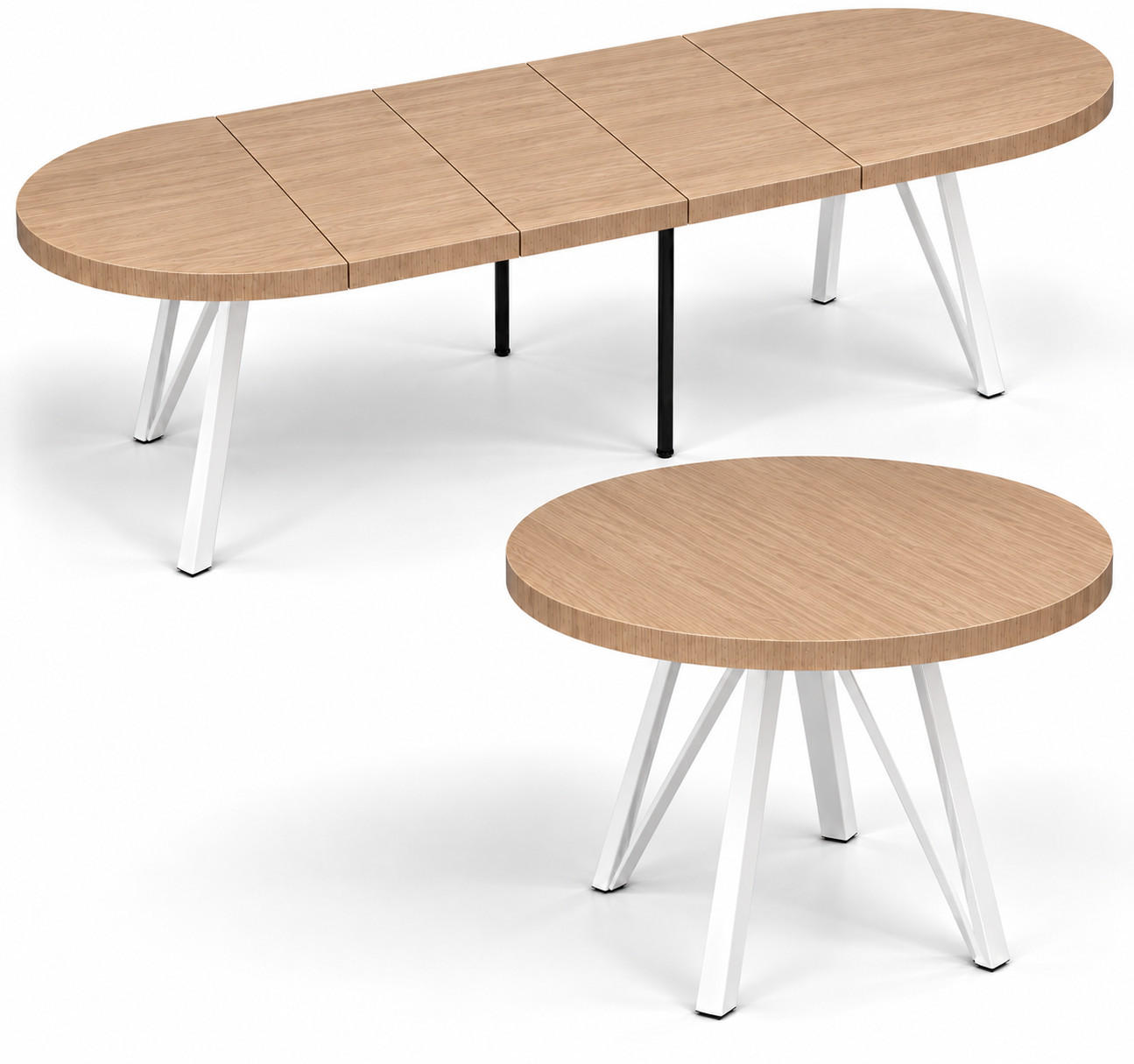ESSTISCH rund ausziehbar 100/300/76 cm, Hellbraun Eiche Hikora Egger, 54 cm Tischplatte + Industrial Metallgestell Weiß - Hellbraun/Eichefarben, Holzwerkstoff/Metall (100/300/76cm) - Damale Möbel