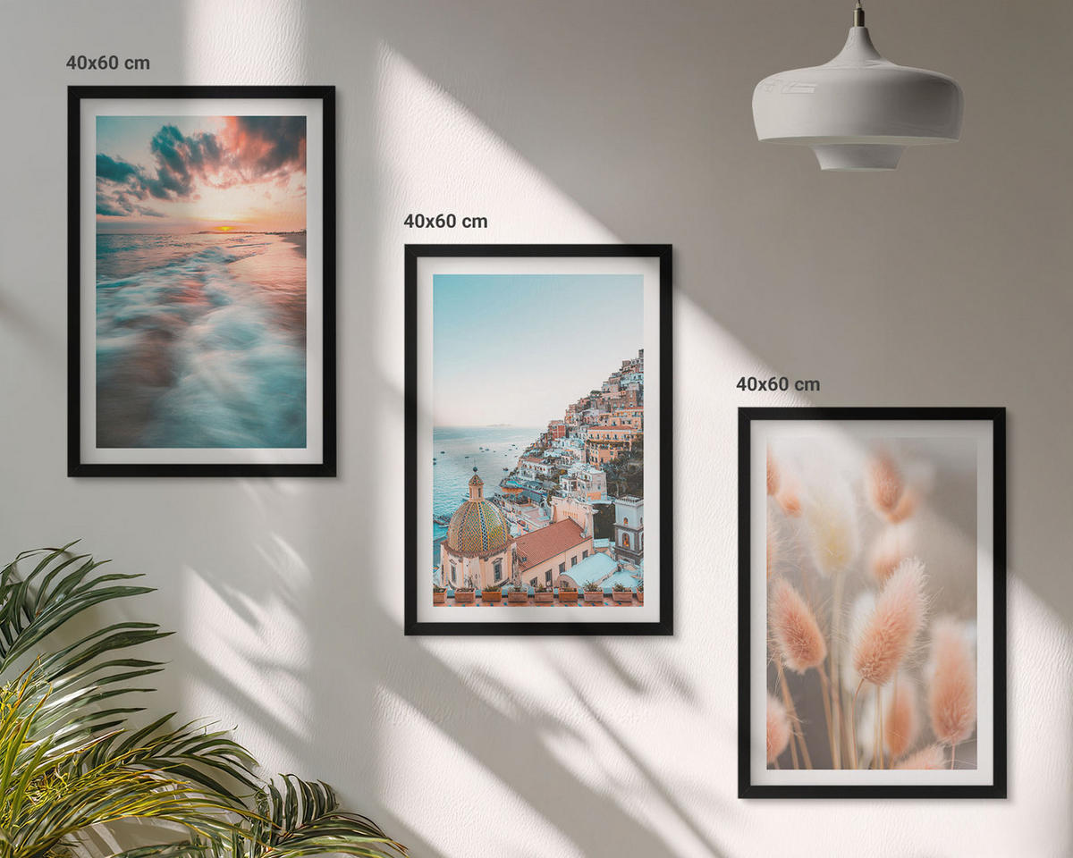 BILDER SET 3er Set - 40x60 cm Schwarzer Rahmen - Sonnenuntergang am Meer, Häuser, Blumen - Schwarz, Kunststoff (40/60cm) - TULUP