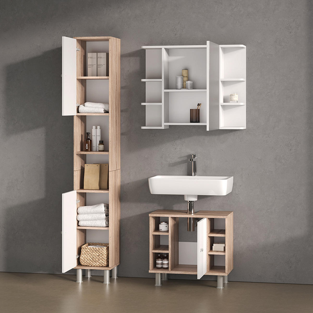 BADSCHRANK Fucino Sonoma 30 x 190 cm - Weiß/Sonoma Eiche, Holzwerkstoff (30/190/30cm) - Livinity®