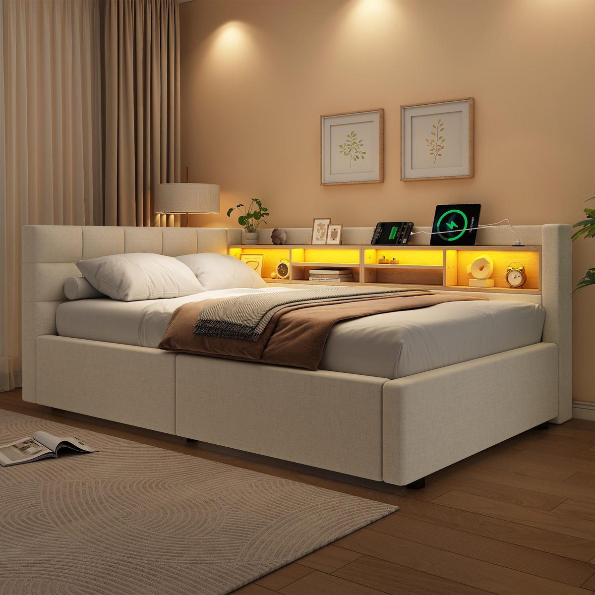 TAGESBETT 90x200cm Schlafsofa Hydraulik LED USB Beige - Beige, Naturmaterialien (90/200cm) - FLIEKS