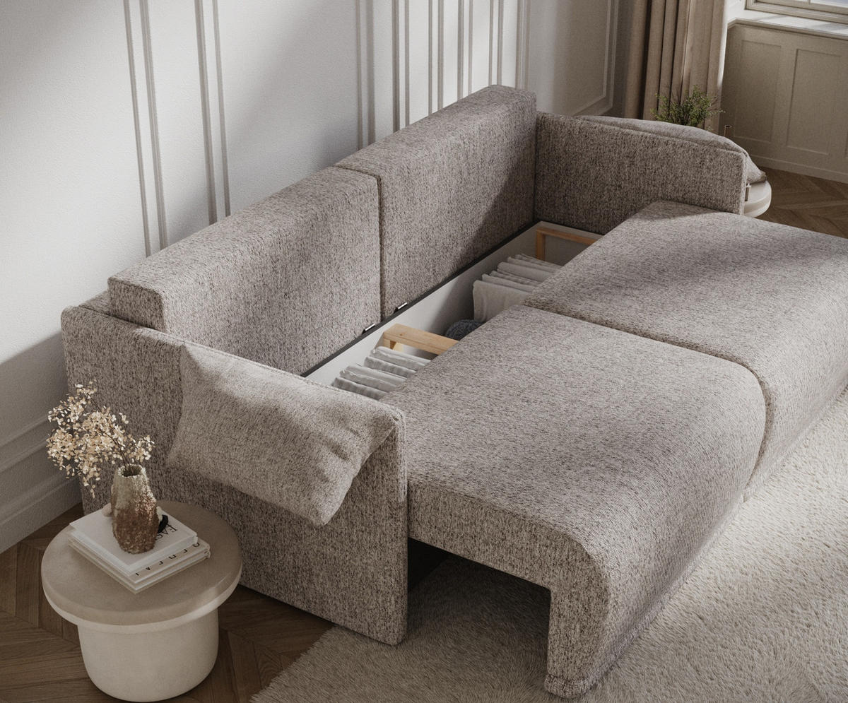 SCHLAFSOFA MIT ECKSOFA-FUNKTION Nappa Hellbraun Webstoff - Hellbraun/Schwarz, Holz/Holzwerkstoff (215/100/112cm) - Maison de Reve