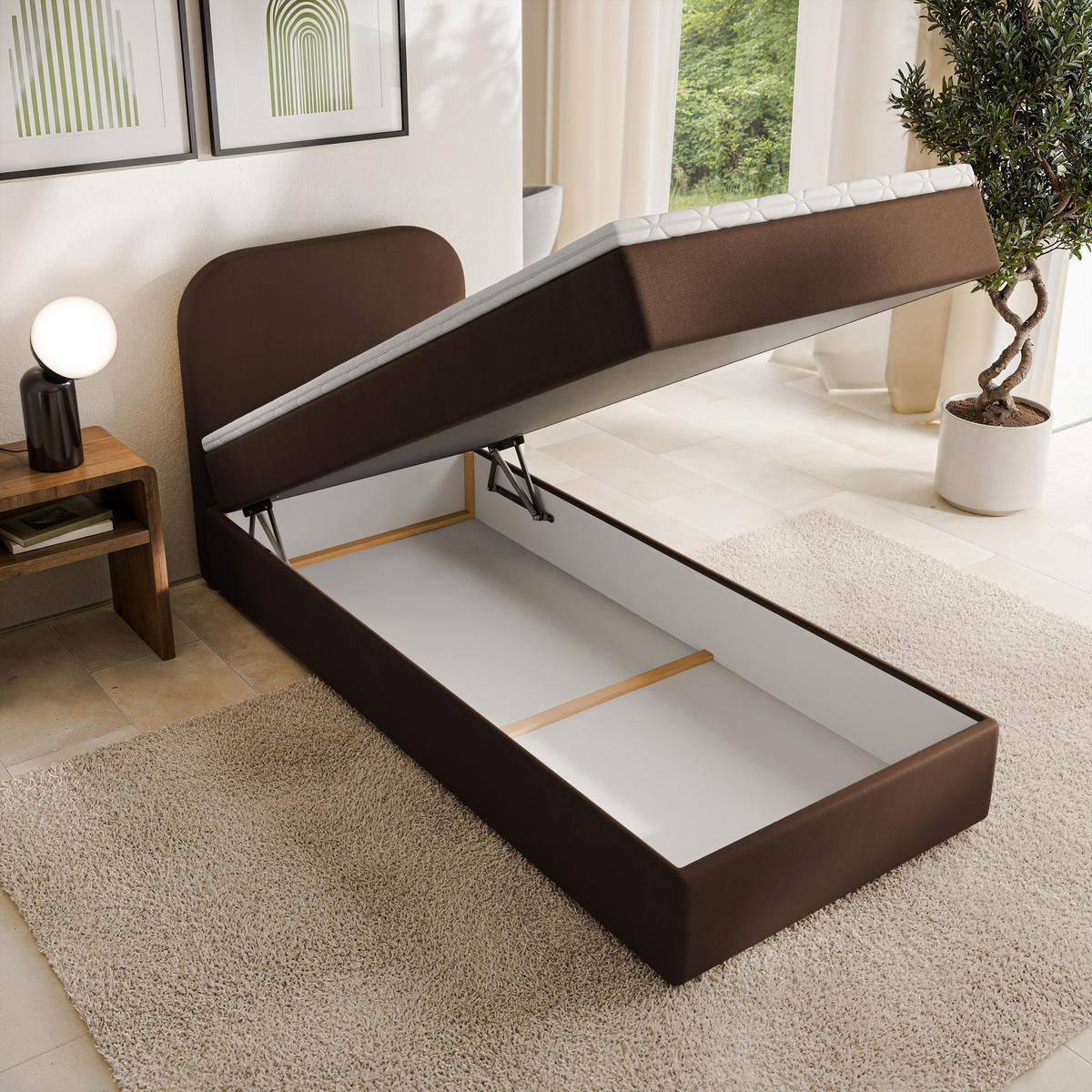 AMERICKÁ POSTEL CERIA 100x200 cm, s matrací a úložným prostorem, KRONOS 06, Braun - hnědá, kompozitní dřevo/textil (100/200cm) - MASSENO