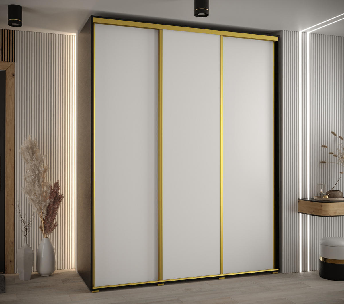 SCHWEBETÜRENSCHRANK 235,2/200/45 3-türig - Goldfarben/Schwarz, Holz/Metall (200/235/45cm) - Abiks Möbel