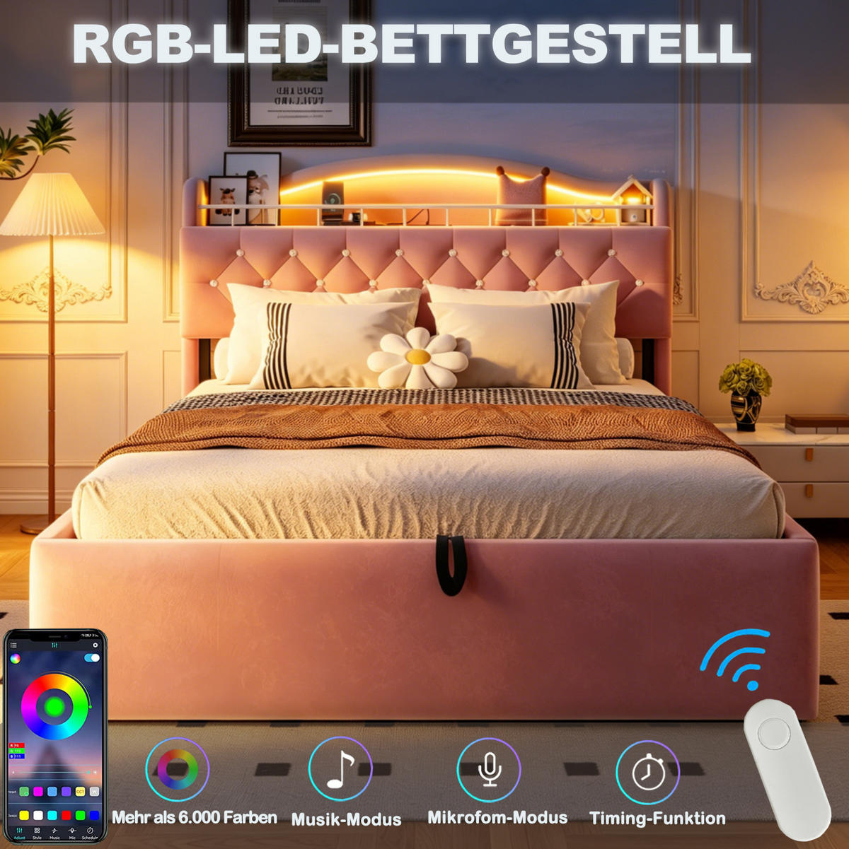 POLSTERBETT 180x200 cm in Rosa mit LED-Kopfteil, USB-/USB-C-Anschlüssen und Bettkasten - Pink, Textil (180/200cm) - IVMEU
