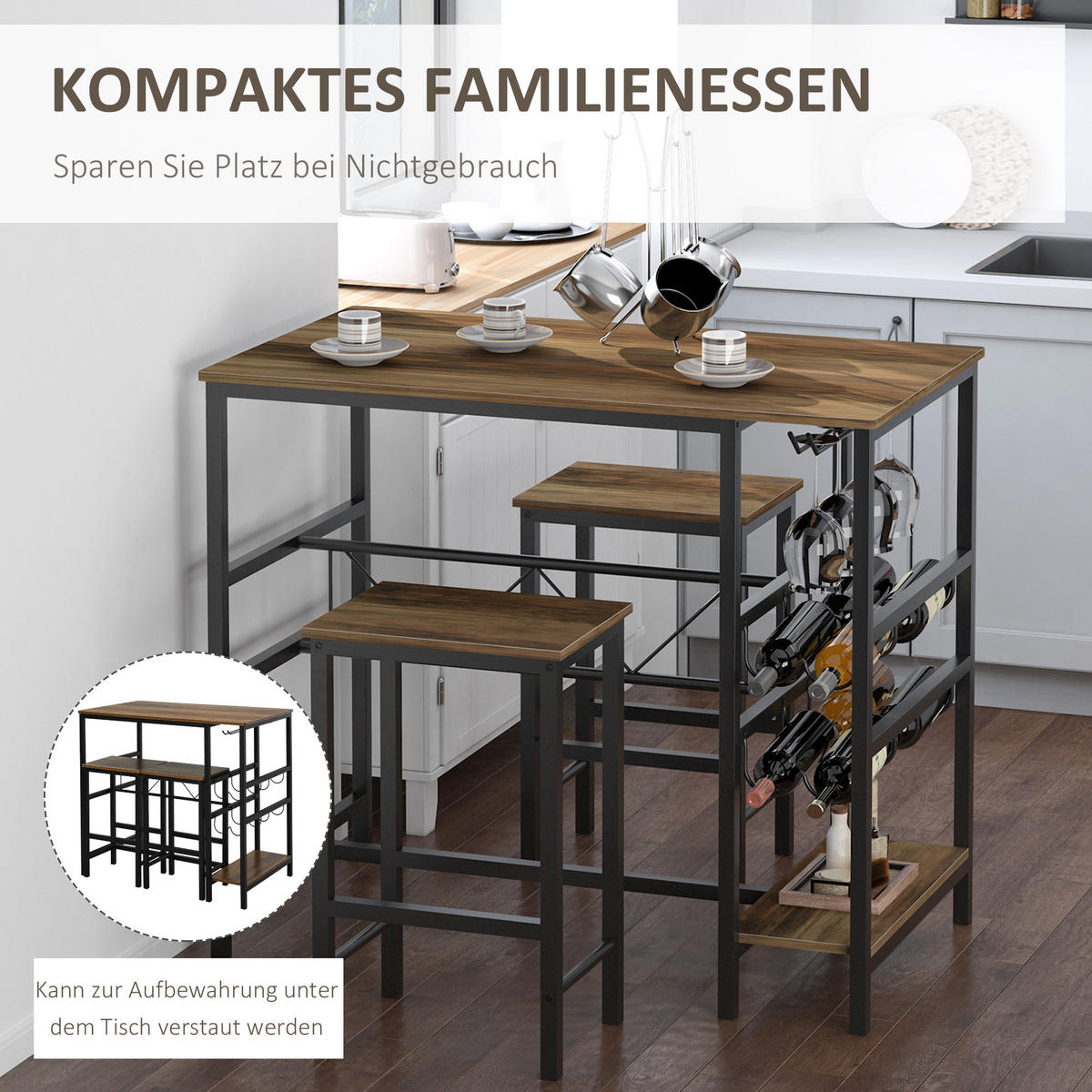 BARTISCH-SET, Spanplatte, Natur+Schwarz - Naturfarben, Kunststoff (60/95/108cm) - HOMCOM