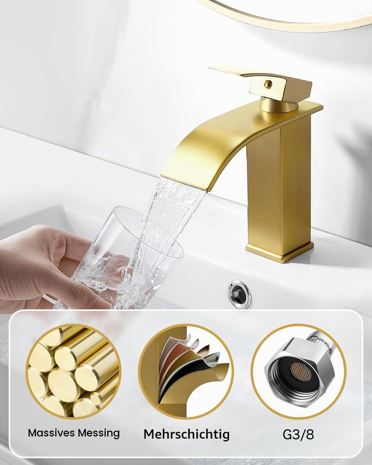 BADEZIMMERARMATUR, inklusive 60 cm langem Zulaufrohr, 180 mm hoch, goldfarben. - Goldfarben, Metall (23.5/7/19cm) - Vallsero