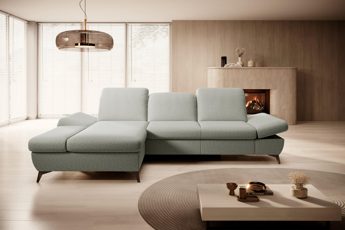 ECKSOFA FELICE L-S Hellgrau Geflochtener Stoff mit Schlaffunktion - Creme, Holz (284/166cm) - MASSENO