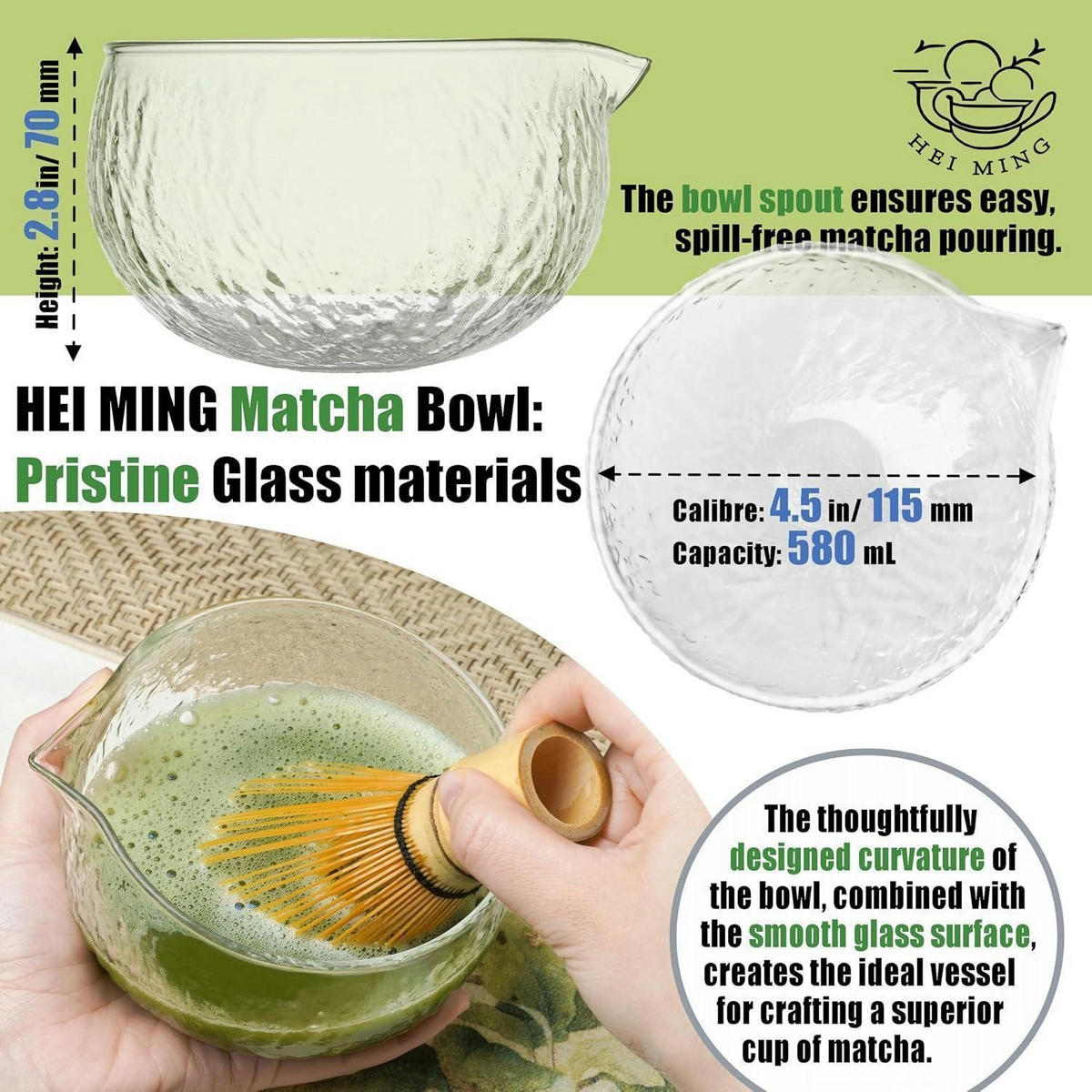 MATCHA Set 8-teiliges Set Glas Schale Bambus Besen Transparent - Transparent, Glas (11.5/7/18cm)