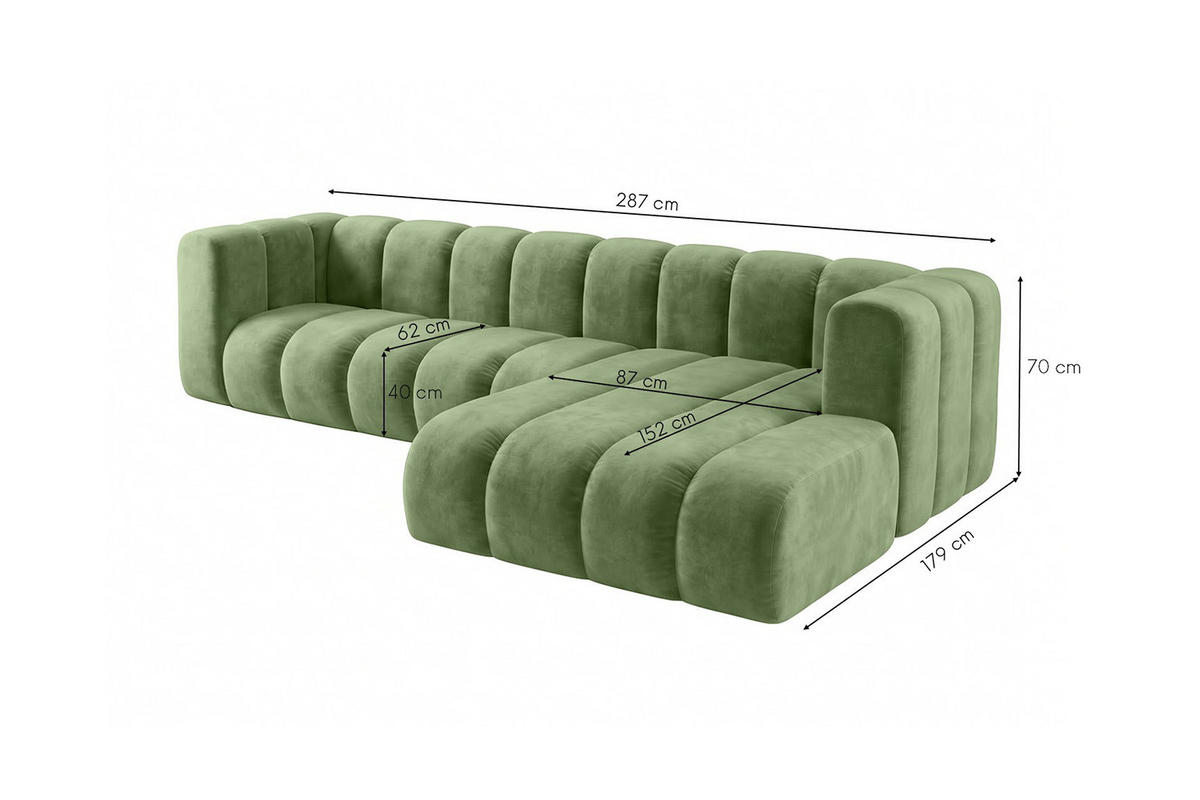 ECKSOFA Modulares In L-Form, Velvet-Stoff Riviera, Olive, Rechts, GRAND 287 cm - Olivgrün, Holz (287/179cm) - Kaiser Möbel