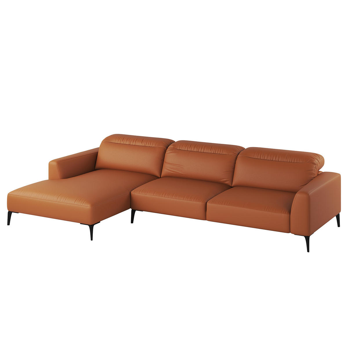 ECKSOFA mit Longchair - Kastanienfarben/Schwarz, Leder/Metall (328/180cm) - home24