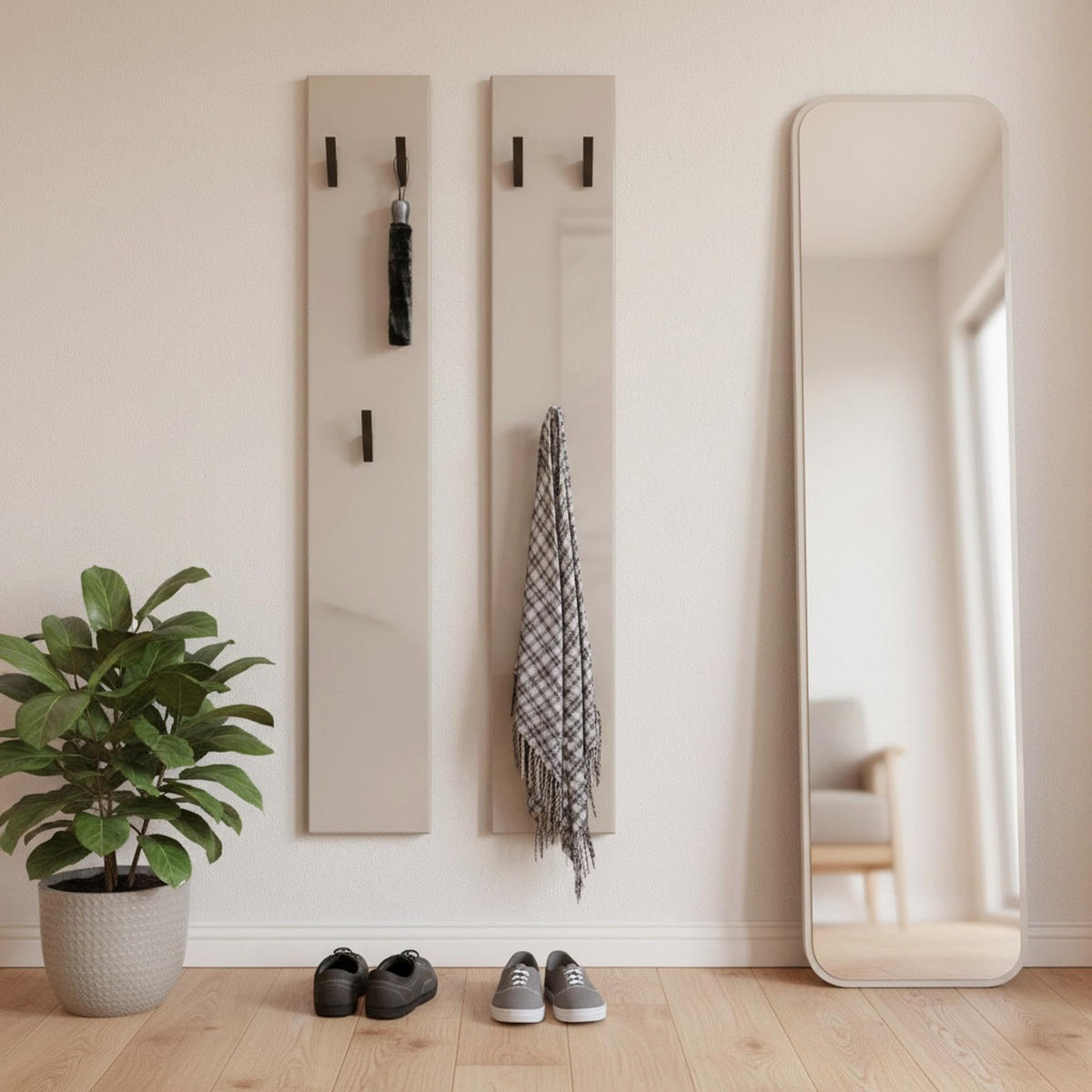 GARDEROBENPANEEL Roma M140, Moderne Wandgarderobe mit 6 Kleiderhaken, Made in Germany, Wandpaneel für Flur, Sandgrau Hochglanz(24 x 140 x 2 cm) - Beige, Holzwerkstoff (24/140/2cm) - InnoFurn