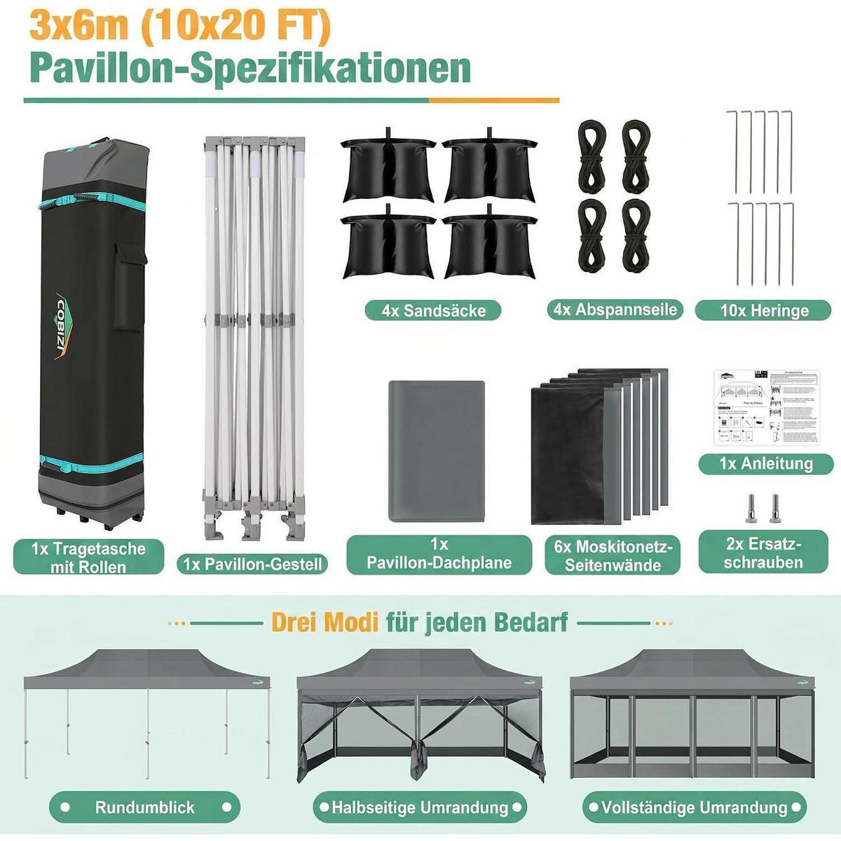 FALTPAVILLON 3 x 6 m mit Moskitonetz Grau - Grau, Textil (300/275/600cm)