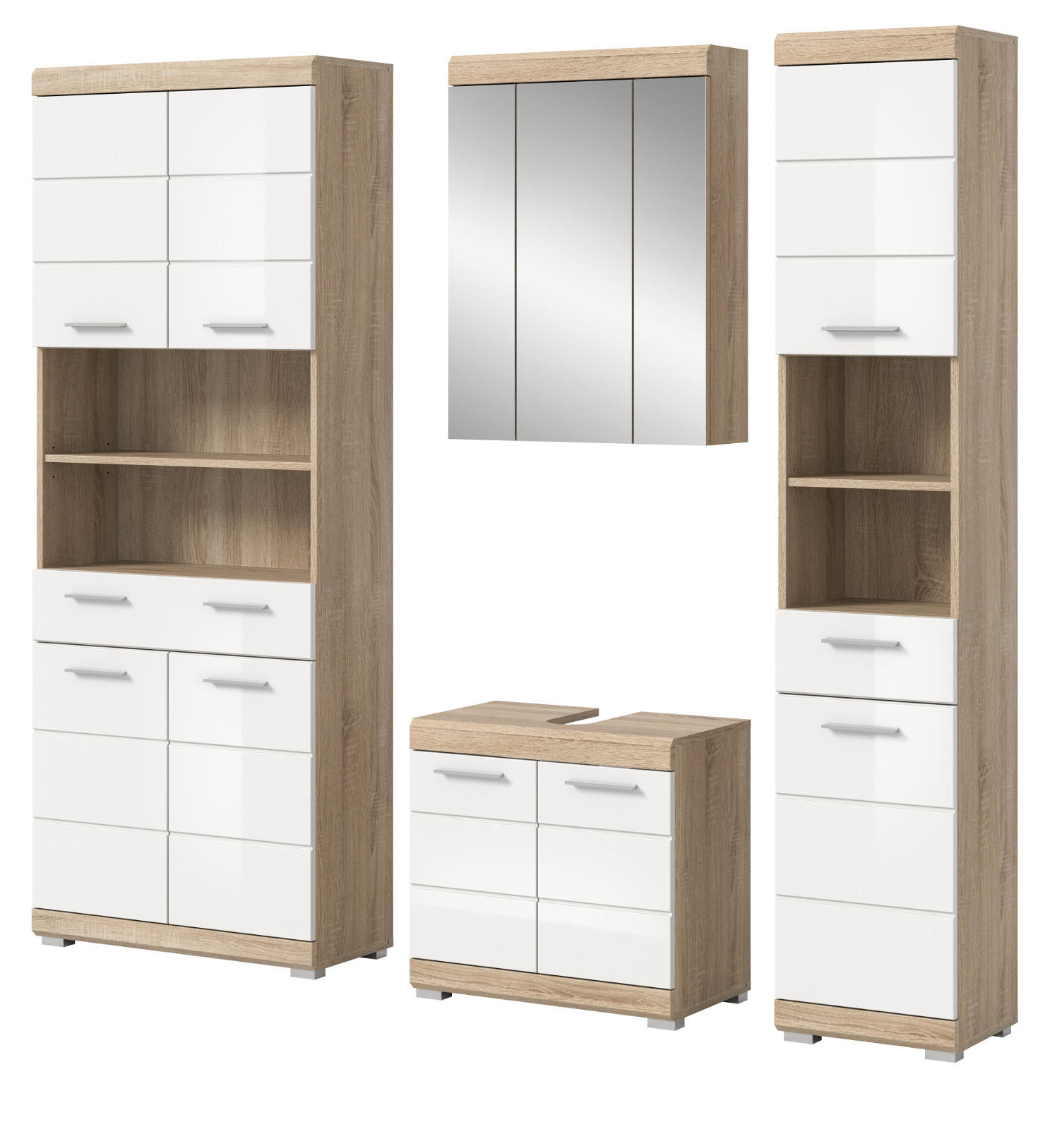 BADMÖBEL-SET weiß Hochglanz, Eiche 4-teilig 186 cm, viel Stauraum - Weiß Hochglanz/Eichefarben, Holzwerkstoff (186/191/34cm) - Inn.Furn