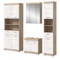 BADMÖBEL-SET weiß Hochglanz, Eiche 4-teilig 186 cm, viel Stauraum - Weiß Hochglanz/Eichefarben, Holzwerkstoff (186/191/34cm) - Inn.Furn