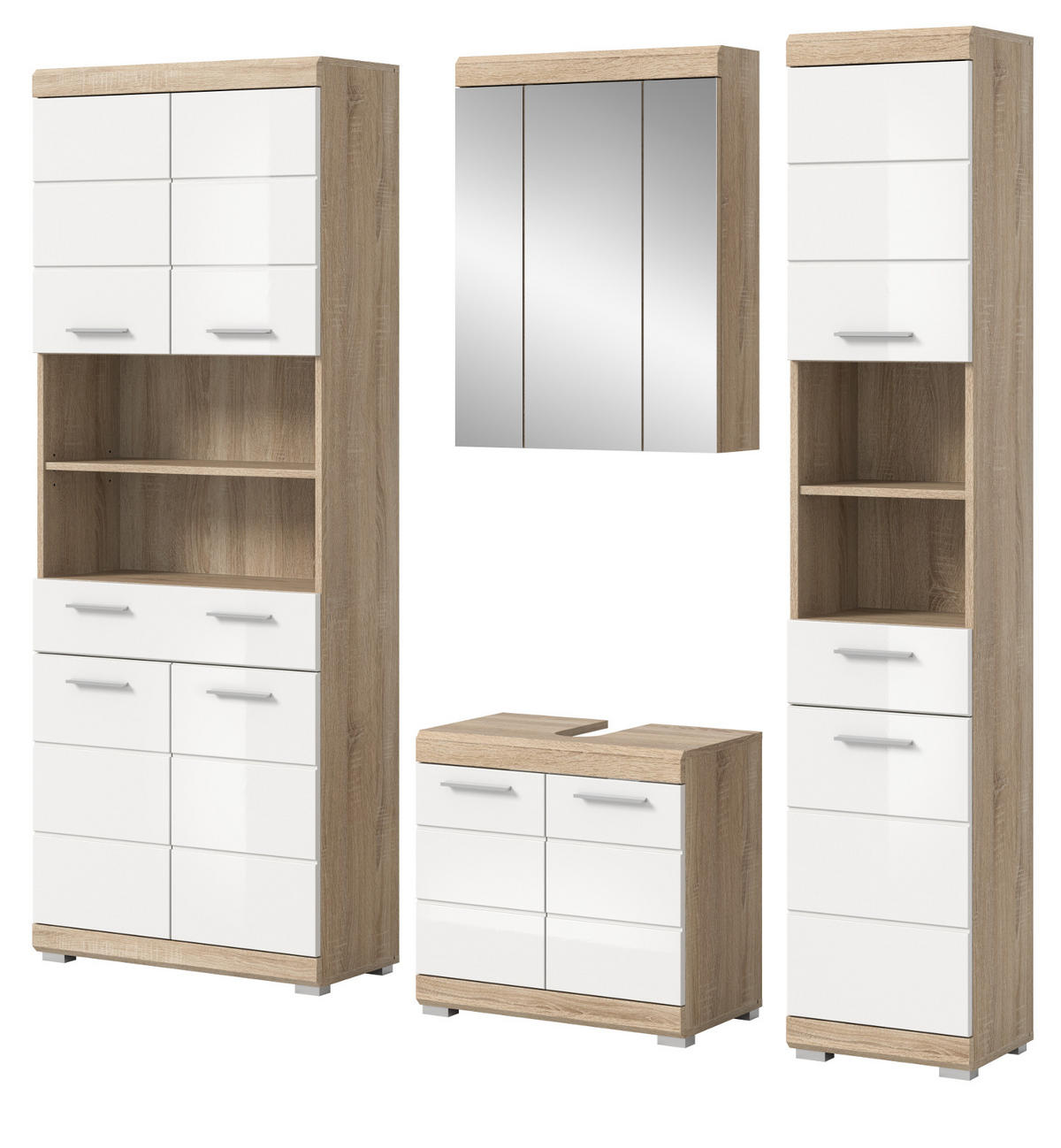 BADMÖBEL-SET weiß Hochglanz, Eiche 4-teilig 186 cm, viel Stauraum - Weiß Hochglanz/Eichefarben, Holzwerkstoff (186/191/34cm) - Inn.Furn