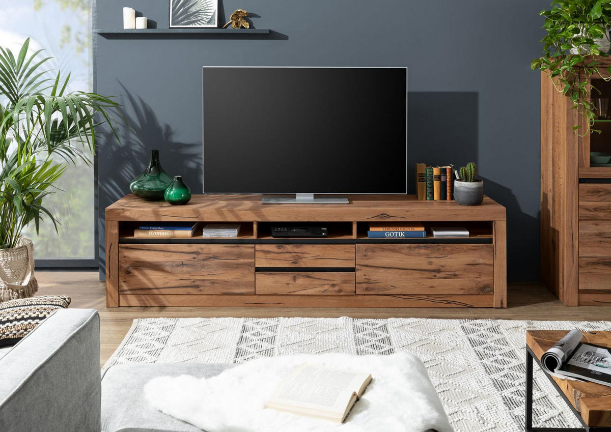 TV-BOARD Wild-/Zerreiche 220x50x55 tabacco brown geölt MONTREUX #240 - Braun, Holz (220/55/50cm) - Massivmoebel24