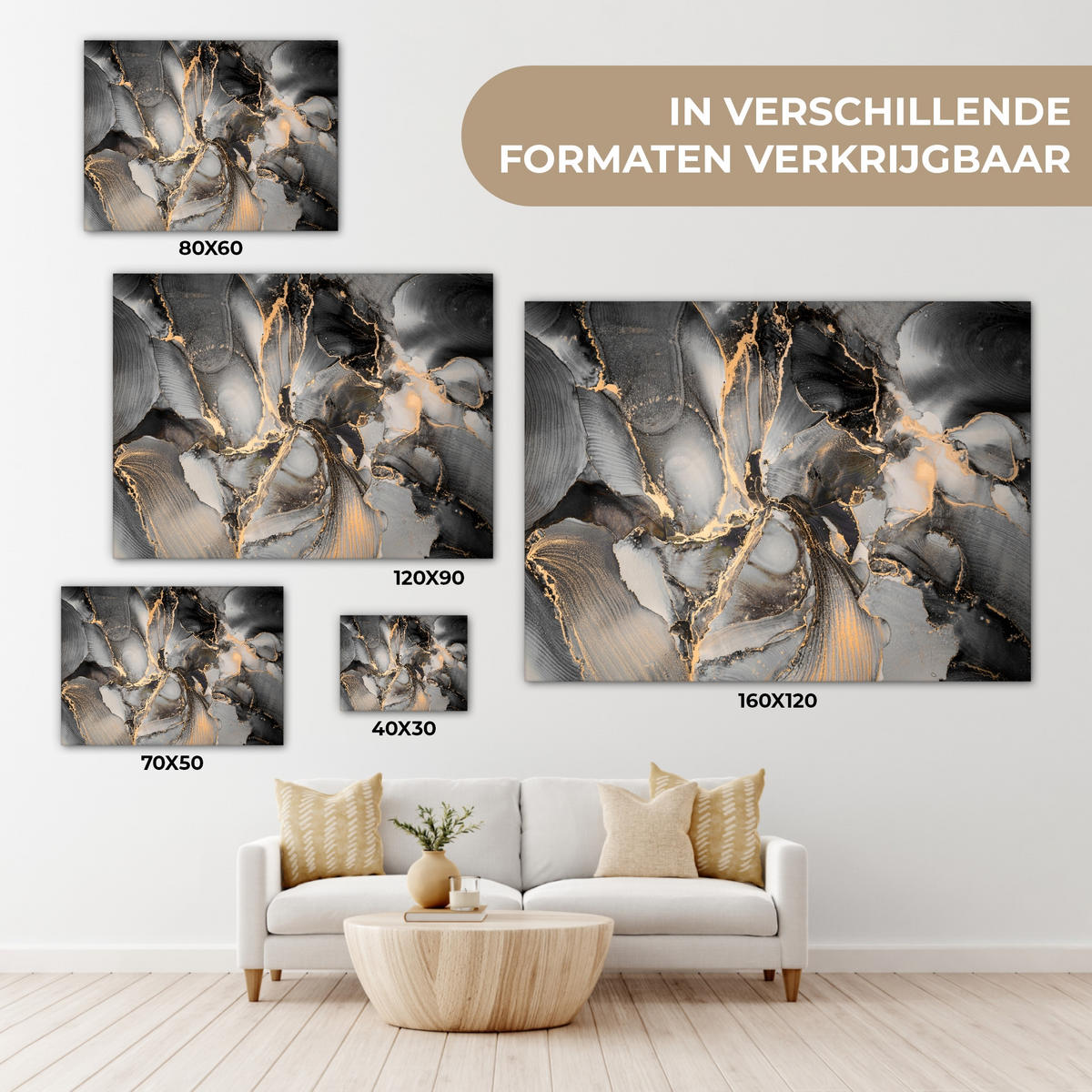 LEINWANDBILD Grau - Luxus - Gold - Marmor Wandbilder 80x60 cm - Dunkelgrau, Textil (80/60cm) - MuchoWow
