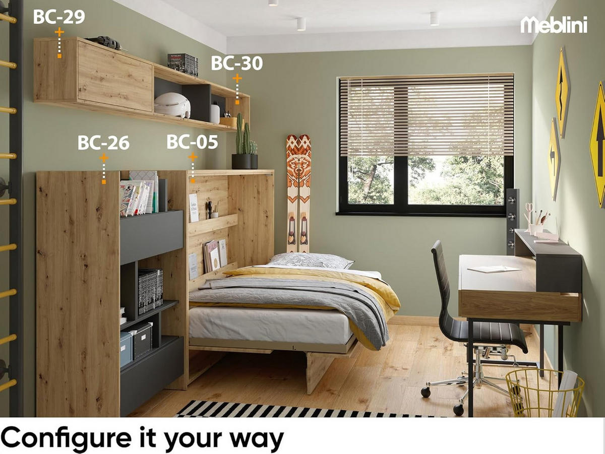 SCHRANKBETT BC-06 - 90x200cm Horizontal - Kaschmir mit Matratze - Kaschmir, Holzwerkstoff (200/90cm) - Meblini