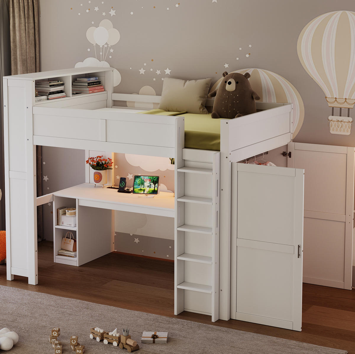 HOCHBETT aus Kiefernholz 90x200 cm Weiß mit Schreibtisch, Kleiderschrank, LED-Beleuchtung und USB-Anschluss - Weiß, Holzwerkstoff (90/200cm) - Modfu