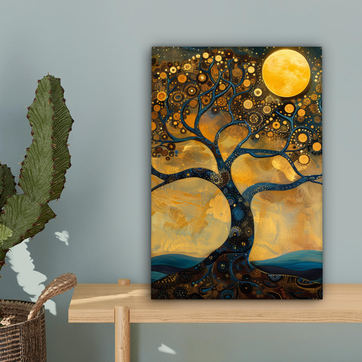 LEINWANDBILD Baum - Mond - Blumen - Gold - Kunst Deko Wohnzimmer 20x30 cm - Orange, Textil (20/30cm) - MuchoWow