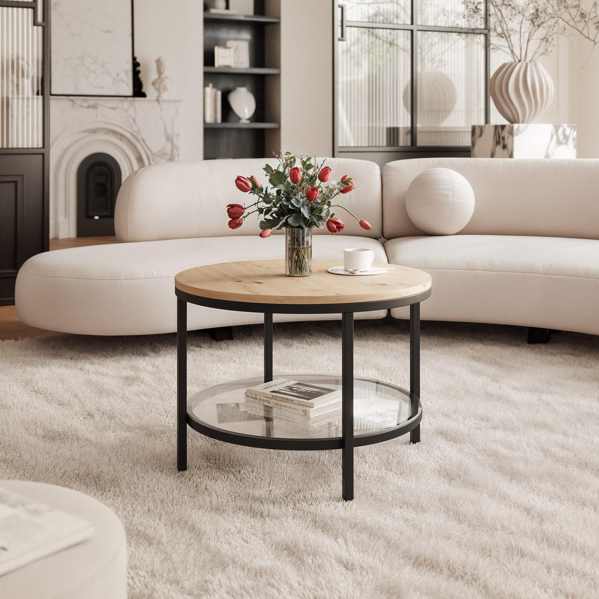 COUCHTISCH CANDY 60/42 cm runden, Schwarz / Artisan-Eiche - Schwarz/Eiche Artisan, Metall (60/60/42cm) - Idohome