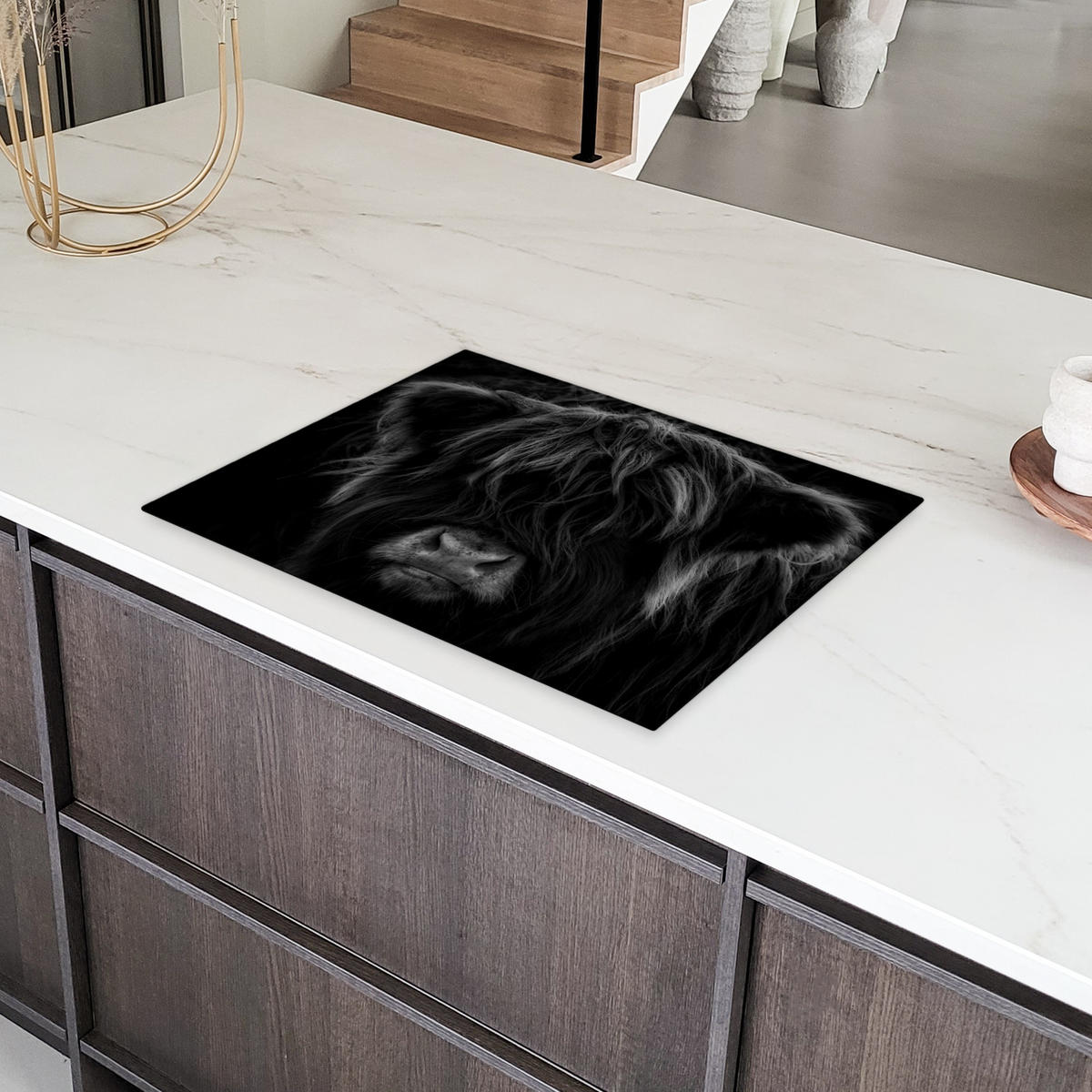 HERDABDECKPLATTE Schottischer Highlander - Kuh - Schwarz - Weiß - Tiere Herdabdeckung Induktionsfeld 70x52 cm - Schwarz, Kunststoff (70/52/0.2cm) - MuchoWow