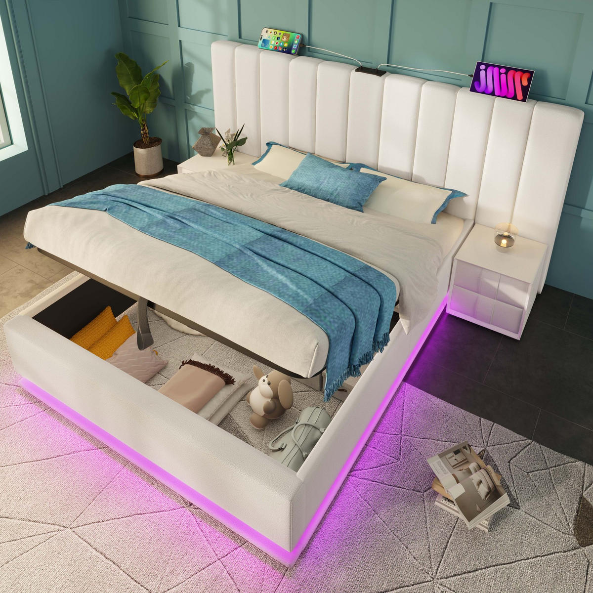 POLSTERBETT 180/200 cm weiß aus PU mit LED, Stauraum und Matratze - Weiß, Textil (180/200cm) - OKWISH