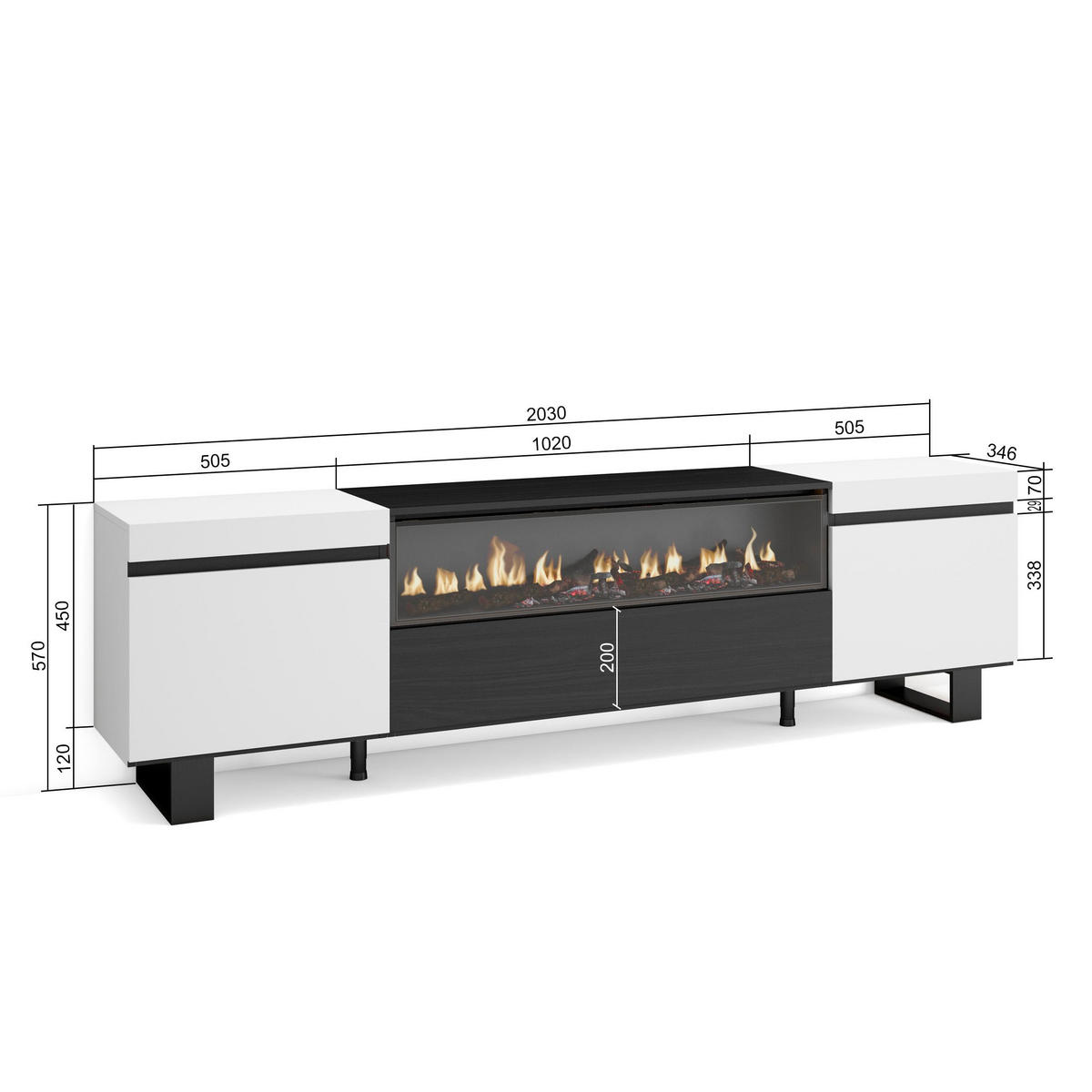 LOWBOARD Elektrokamin, weiß, schwarz, 200/35/57cm - Weiß, Holzwerkstoff (200/57/35cm) - Skraut Home