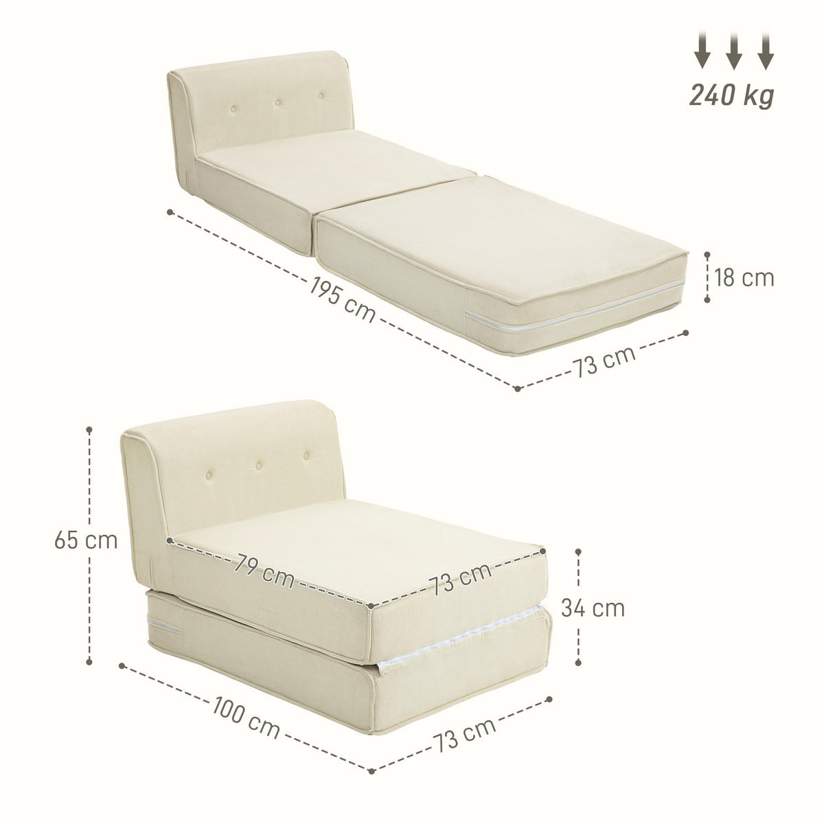 BODENSOFA 2-in-1 Klappbar Schlafsofa mit Kordoptik für Wohnzimmer Cremeweiß - Creme, Textil (73/65/100cm) - HOMCOM