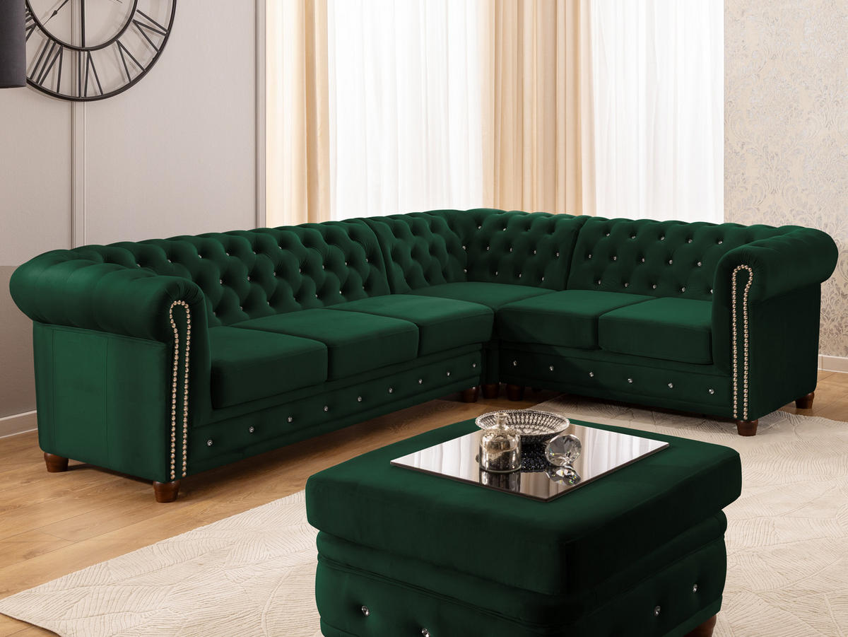 ECKSOFA mit Schlaffunktion Chesterfield Flasche Grün Samt mit Kristallsteppung und braunen Massivholzfüßen - Ottomane Rechts - Braun/Grün, Holz/Textil (264/210cm) - S-Style Möbel