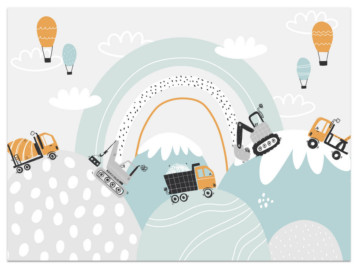 FOTOTAPETE für Kinderzimmer Baumaschinen Regenbogen Hügel Wolken 300x210 - Blau/Schwarz, Papier (300/210cm) - Muralo